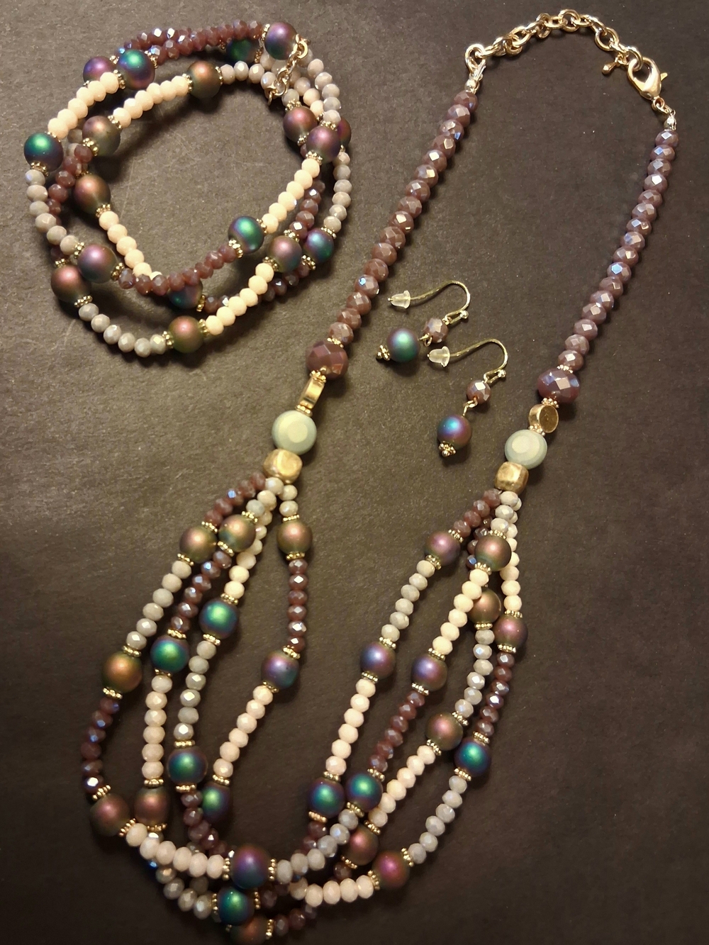 Multistrand Iridescent Peacock-Green and Purple Necklace, Bracelet & Earring Set